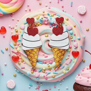 🆕️ Adorable Ice Cream Cone Drop Earrings with Glitter Hearts Fun & Trendy